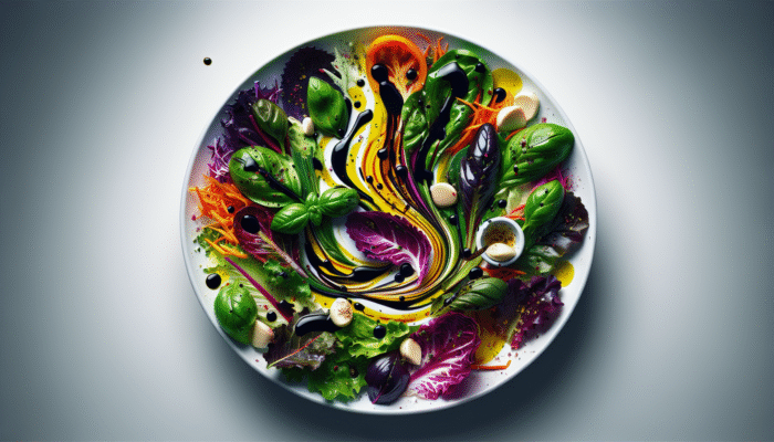 A colorful summer salad with olive oil, balsamic vinegar, basil, garlic, and Dijon mustard dressing.