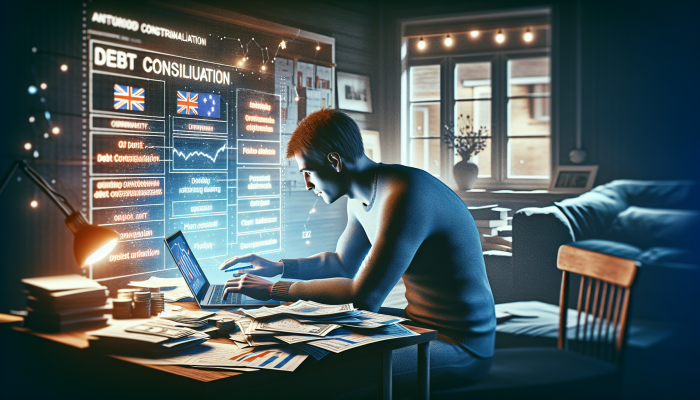 A person researching debt consolidation on a laptop amidst financial documents in a cozy UK home office.