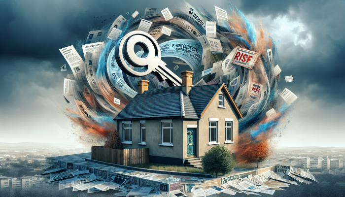 British home with key symbolizing equity, debts merging, cloudy sky, foreclosure notice in background.