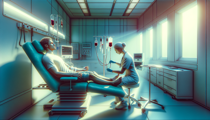 A calm patient in a clinical room in Burgess Hill having blood drawn by a nurse.