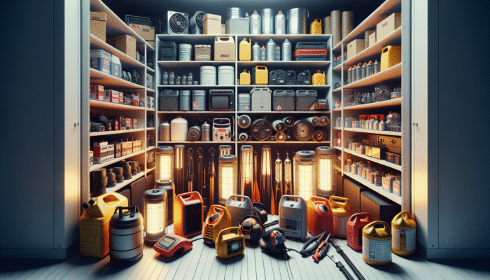 A well-organized storage room with labeled shelves holding various emergency heat sources, ensuring safety and longevity.