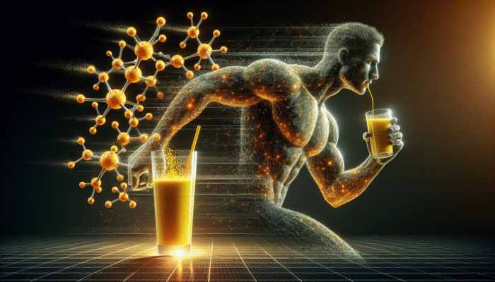 Using Turmeric for Post-Workout Recovery: Athlete drinking golden turmeric smoothie, with curcumin molecules symbolising reduced inflammation and enhanced recovery.