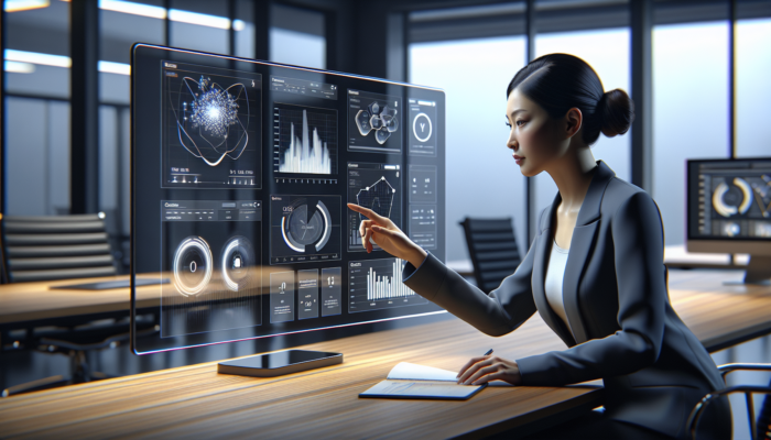 A digital dashboard showing Google Maps analytics with graphs and heatmaps in a modern office, studied by a business analyst.