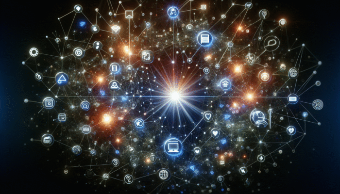 Online Marketing Business: A digital landscape showing interconnected nodes for social media, content creation, and email marketing, leading to a central glowing website, representing online marketing strategies.