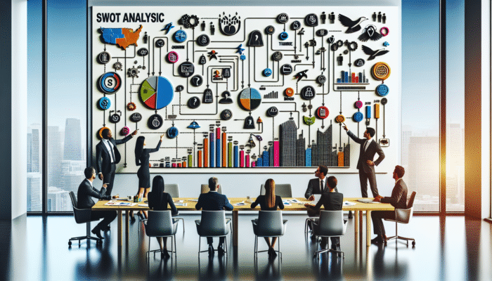 A detailed marketing plan roadmap with SWOT analysis, timelines, and budget graphs on a strategic board in a modern office.