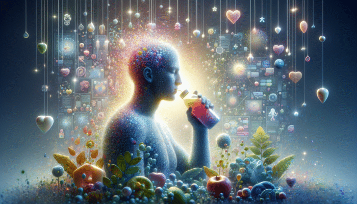 A person drinking a colorful hydration supplement amidst glowing water droplets and wellness symbols in a serene environment.