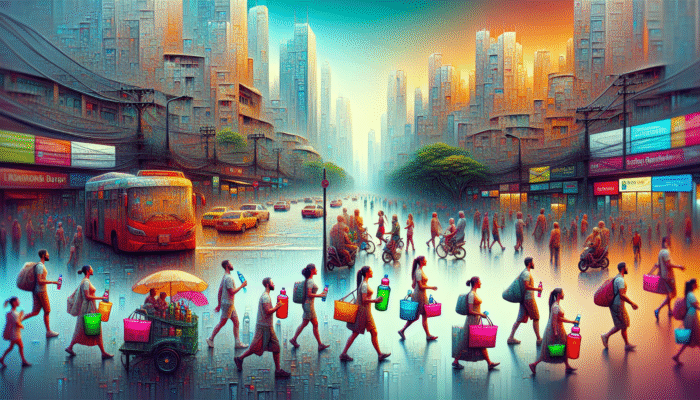 People in Bangkok and New York using colorful hydration supplements on the go.