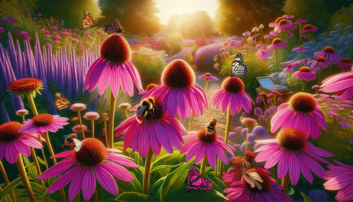 Herbs for Family Immunity: Echinacea plants in a UK garden, purple blooms attracting pollinators, symbolising immunity and biodiversity.