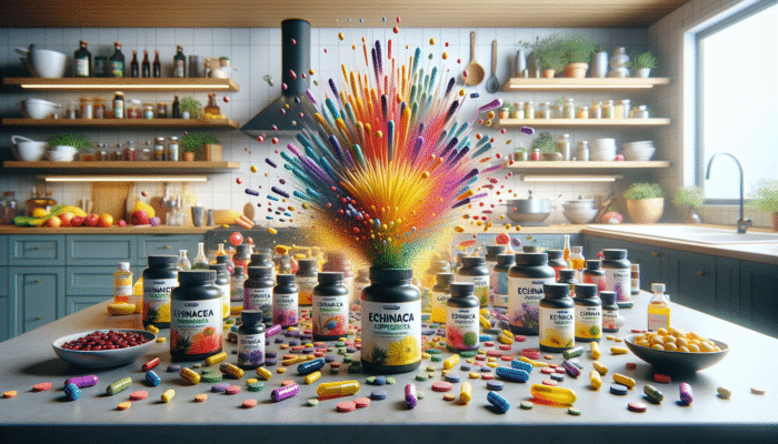 Echinacea supplements in capsules, tablets, and liquid extracts on a modern kitchen counter, symbolising health and immunity.