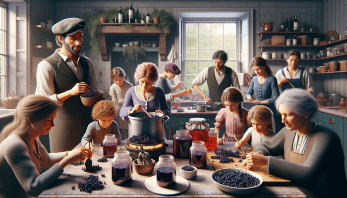 A British family crafting elderberry syrup in a cozy kitchen, with children and adults participating.