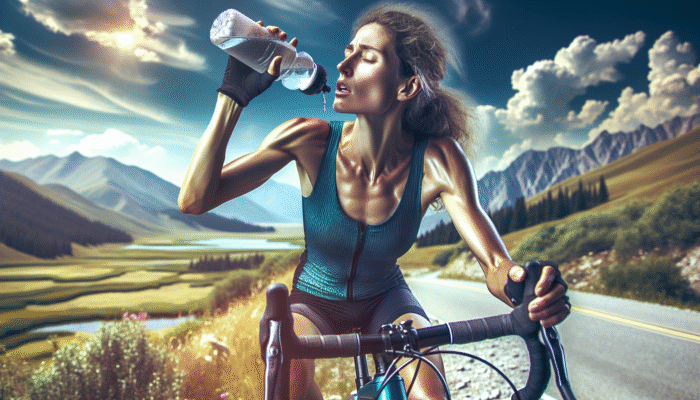 Hydration for Long-Distance Cycling: Cyclist drinking from water bottle during long-distance ride, focused on hydration for performance.