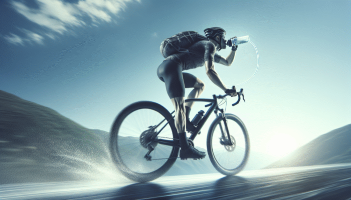 Cyclist sipping from hydration pack during long-distance ride under clear sky.