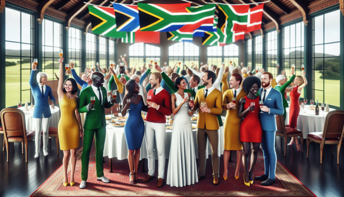 Diverse group celebrating at Mooi River Country Club, symbolizing unity and inclusivity post-apartheid.