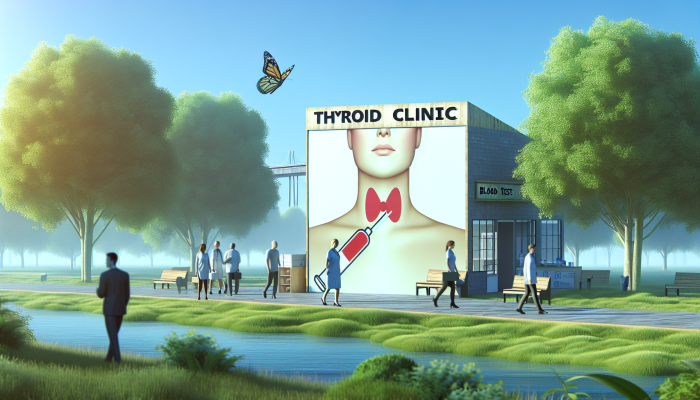 A serene medical clinic in Stowmarket with a thyroid blood test sign, surrounded by a lush garden.