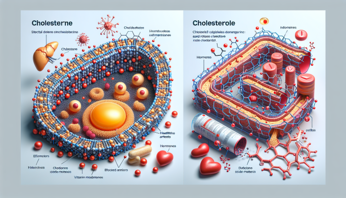 Cholesterol Blood Test in Doncaster: A molecular diagram of cholesterol with cell membranes, hormones, vitamin D, and contrasting artery visuals showing its health impact.