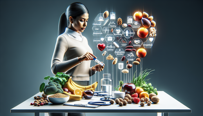 Person arranging cholesterol test kit with healthy foods on a modern table, symbolising health preparation.