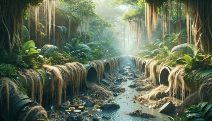 A tangled mass of hair, grease, soap, and food particles clogging a drain in South Vancouver, with fallen leaves and tree roots obstructing outdoor pipes amidst lush vegetation.