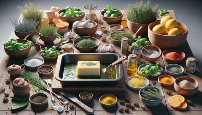 A rustic kitchen table with bowls of herbs, spices, and citrus zests; butter being infused.