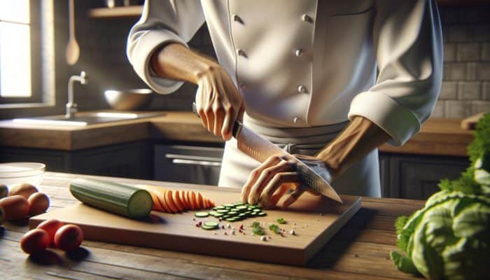 Top Mistakes New Cooks Should Avoid: A chef demonstrating precise knife skills, slicing vegetables uniformly on a cutting board.