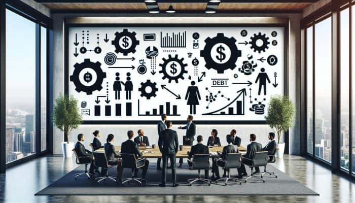 Professionals discussing debt consolidation strategies in a modern office with digital screen displaying graphs.