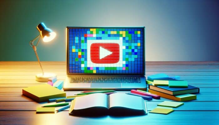 A laptop displaying a YouTube playlist, surrounded by sticky notes and a guidebook on video retention, in a well-lit workspace.