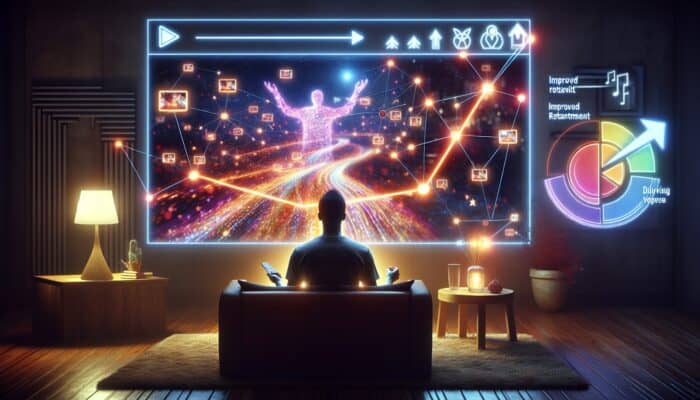 A viewer engaged with a playlist on a screen, graphs showcasing increased retention, in a cosy room.