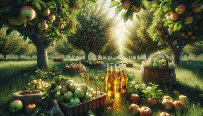 A vibrant orchard scene with blooming apple trees, ripe apples, cider bottles, and 'nutritious fruit' labels.