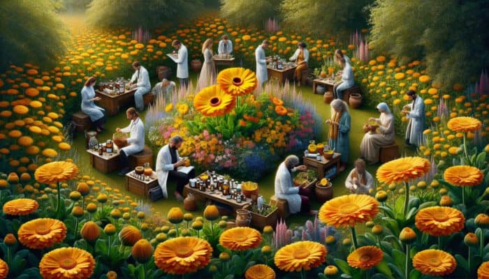 Bright orange and yellow calendula flowers in a British garden, symbolising healing and traditional medicine.