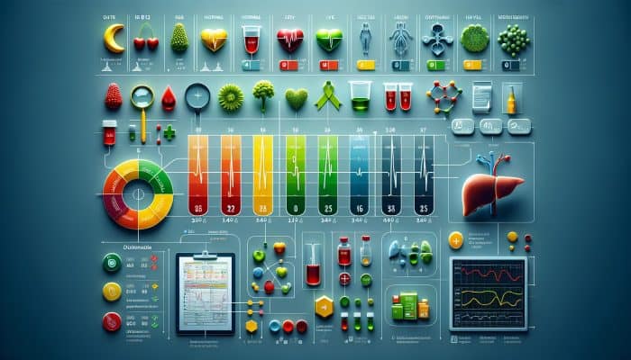 A medical chart illustrating Vitamin B12 levels with color-coded ranges and related health icons.