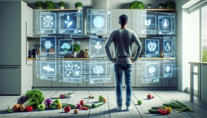 A person comparing plant-based diet apps on screens in a modern kitchen with fresh vegetables.