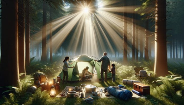 Portable Shelter Kits: A family setting up a portable shelter kit in a forest clearing, surrounded by camping gear.