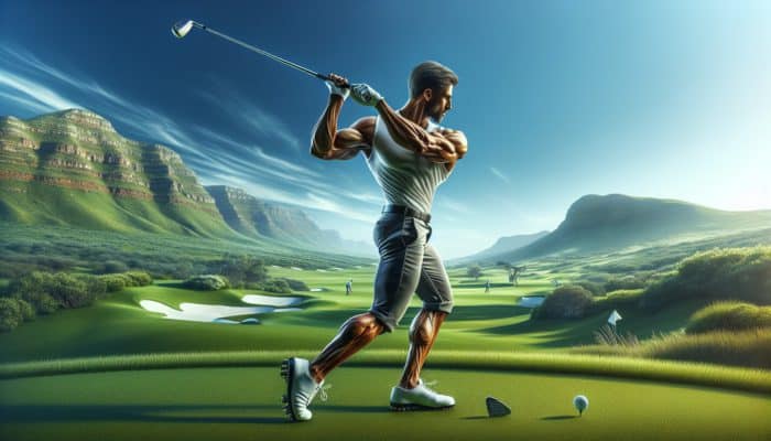 Louis Oosthuizen demonstrating strength and consistency in his golf swing on a lush green course.