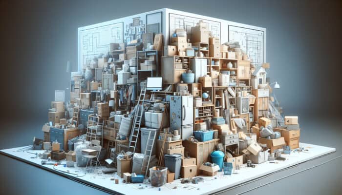 Beginner Disposal Options for House Clearance: A cluttered house with personal items and furniture, illustrating the overwhelming task of house clearance during life transitions, with a strategic plan to methodically tackle the process.