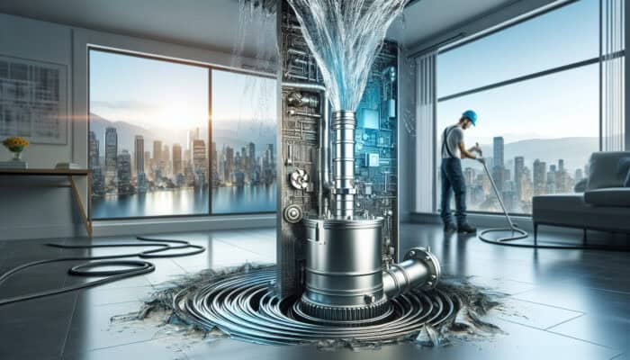 Modern sump pump in Port Coquitlam basement, clear water flow, expert technician, city skyline visible.