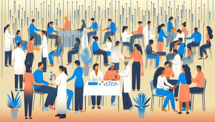 A diverse group of uninsured patients receiving acupuncture in a community clinic with signs for financial assistance and sliding scale fees.