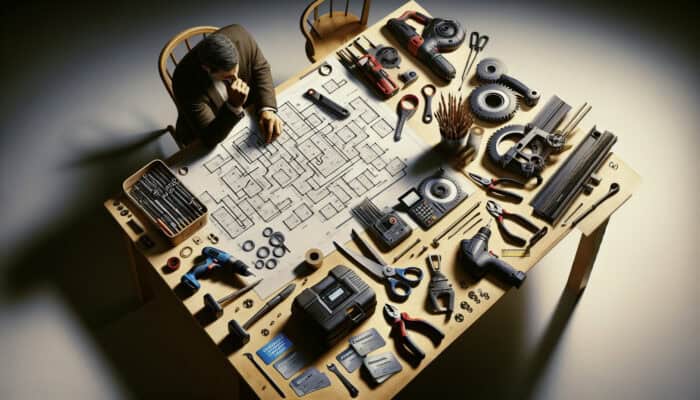 A person planning tool rental savings with tools, coupons, and loyalty cards on a desk.