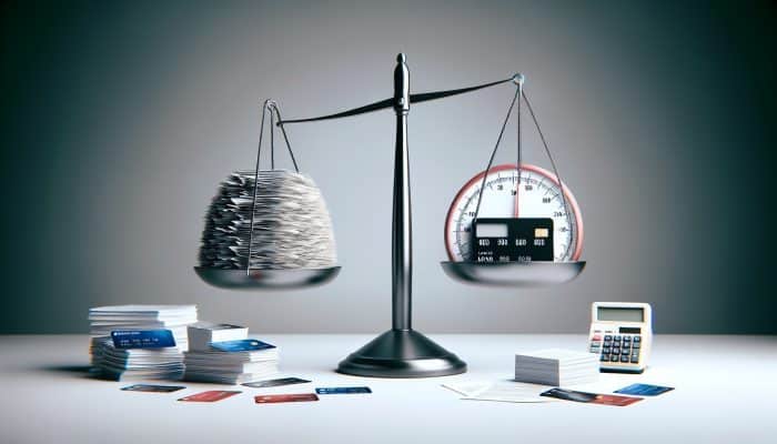 A scale balancing credit cards and a loan document, with a fluctuating credit score meter in a minimalist office.