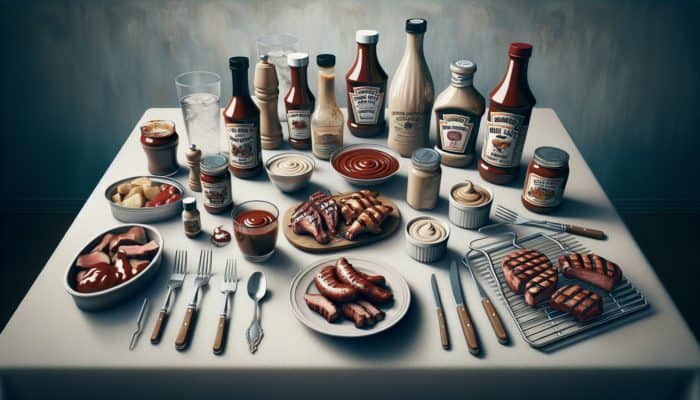 A table presents Kansas City BBQ sauce in a jar, Alabama white sauce in a bowl, and a custom BBQ sauce in a bottle, surrounded by grilling tools and meats.