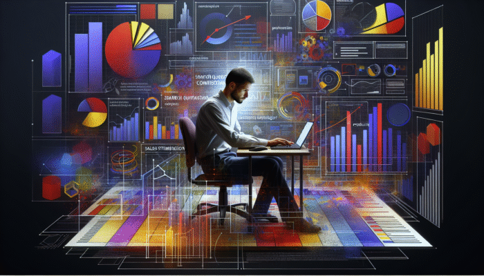 Use Content to Target Commercial Intent: A person analyzing search query data on a computer, surrounded by marketing strategy documents and product images.