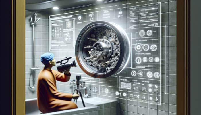 Plumber inspecting clogged pipe with video camera, revealing damage and buildup in modern bathroom.