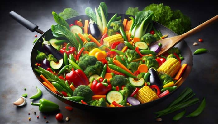How to Make a Quick Stir-Fry Dinner: Colourful stir-fry with various vegetables sizzling in a wok.