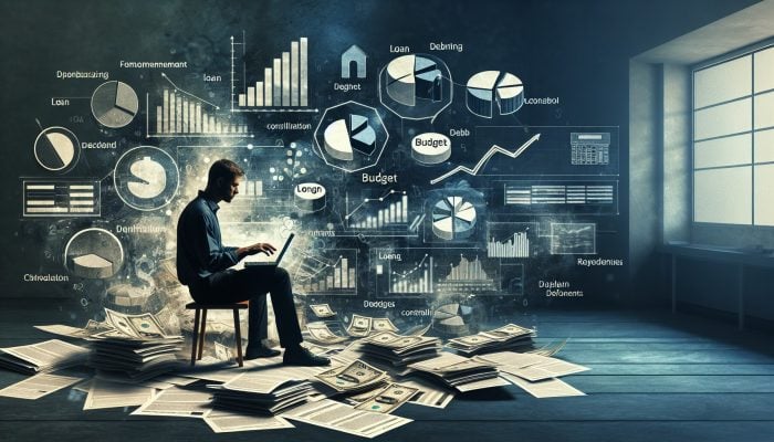 Debt Consolidation Loans With No Fees: UK Guide | DCL Person tracking expenses on laptop with budget charts and loan document, managing finances post-debt consolidation.