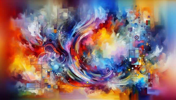 A vibrant abstract painting with dynamic brushstrokes and splatters, showcasing color breaking techniques like blending, layering, and contrasting hues.