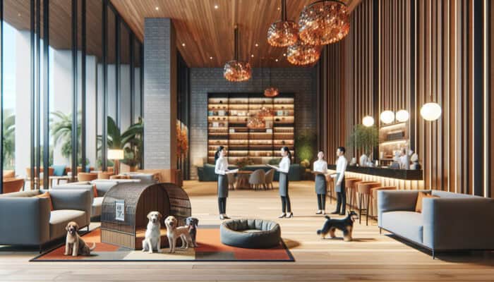 A welcoming hotel lobby with a dedicated pet-friendly area, including a pet spa and dog beds, with staff engaging guests and their pets.