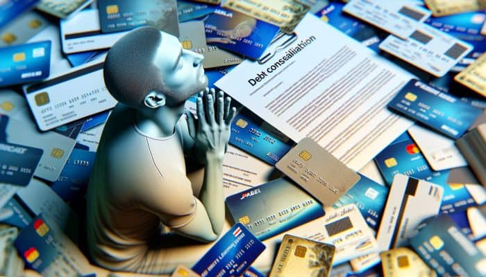 How to Avoid High Debt Consolidation Fees: UK Strategies | DCL How to Avoid High Debt Consolidation Fees: Person relieved with a single debt consolidation contract amidst scattered credit cards and loan documents.