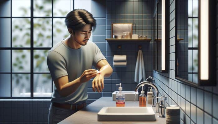 Person cleaning and bandaging a cut on arm in modern bathroom.
