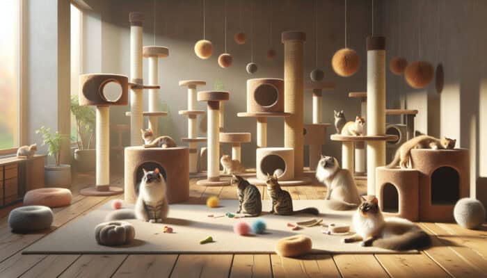 A serene room with cat towers, posts, and toys where multiple cats peacefully coexist and play.