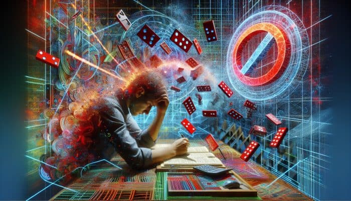 A stressed person amid financial documents, overshadowed by a large red "DEFAULT" stamp.