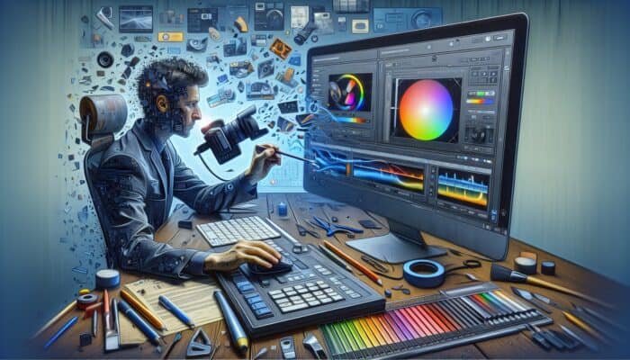 A video editor fine-tuning color settings on professional software, using expert-recommended tools and presets.