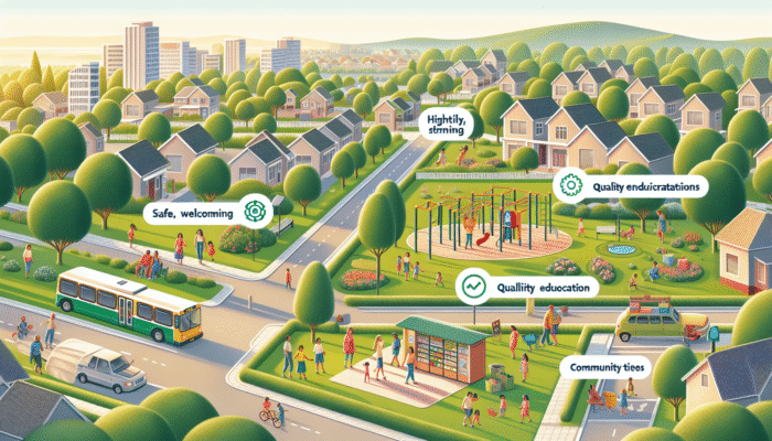 A vibrant Mahikeng neighbourhood with safe streets, children playing in parks, families shopping locally, near top schools, with community events and efficient public transport.